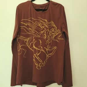 EQL Windy Horse Burgundy and Gold Long Sleeve Tee, Women's Size Medium